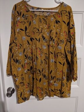 Shein Curve Mustard Yellow Floral Pintuck Pleated Blouse 2XL